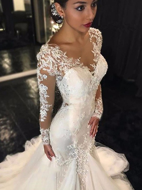 Trumpet/Mermaid V-neck Long Sleeves Lace Court Train Tulle Wedding Dresses 1745