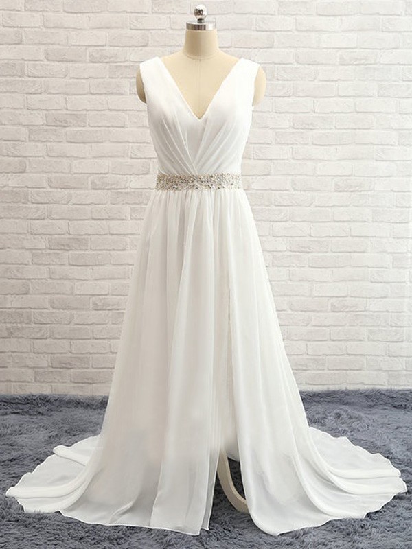 A-Line/Princess V-neck Sweep/Brush Train Sleeveless Beading Chiffon Wedding Dresses 1159