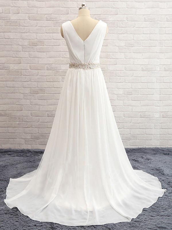 A-Line/Princess V-neck Sweep/Brush Train Sleeveless Beading Chiffon Wedding Dresses 1159