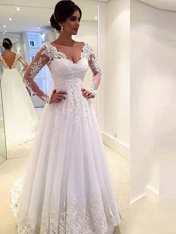 Ball Gown V-neck Long Sleeves Lace Court Train Tulle Wedding Dresses 1331