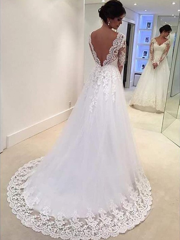 Ball Gown V-neck Long Sleeves Lace Court Train Tulle Wedding Dresses 1331