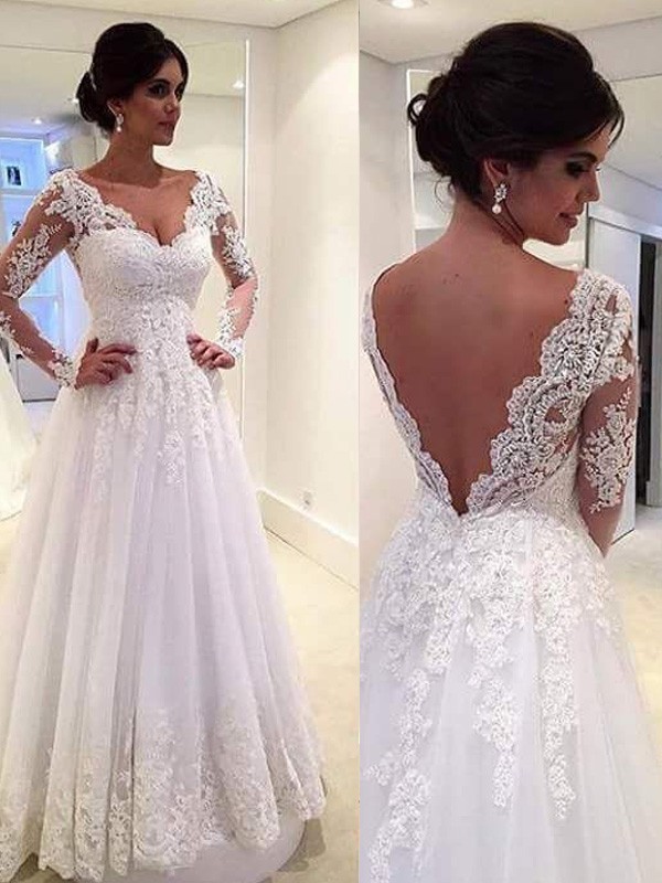 Ball Gown V-neck Long Sleeves Lace Court Train Tulle Wedding Dresses 1331