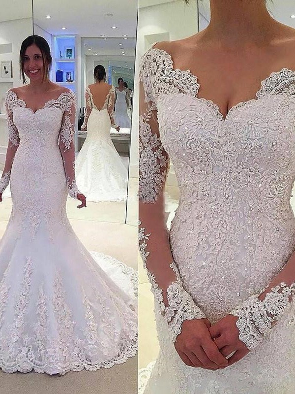 Trumpet/Mermaid V-neck Long Sleeves Lace Court Train Tulle Wedding Dresses 1746