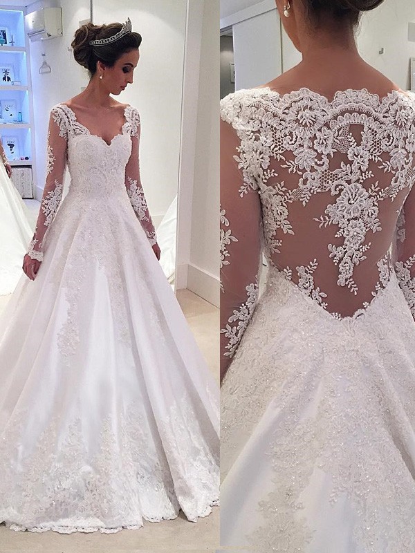 Ball Gown V-neck Long Sleeves Lace Court Train Satin Wedding Dresses 1330