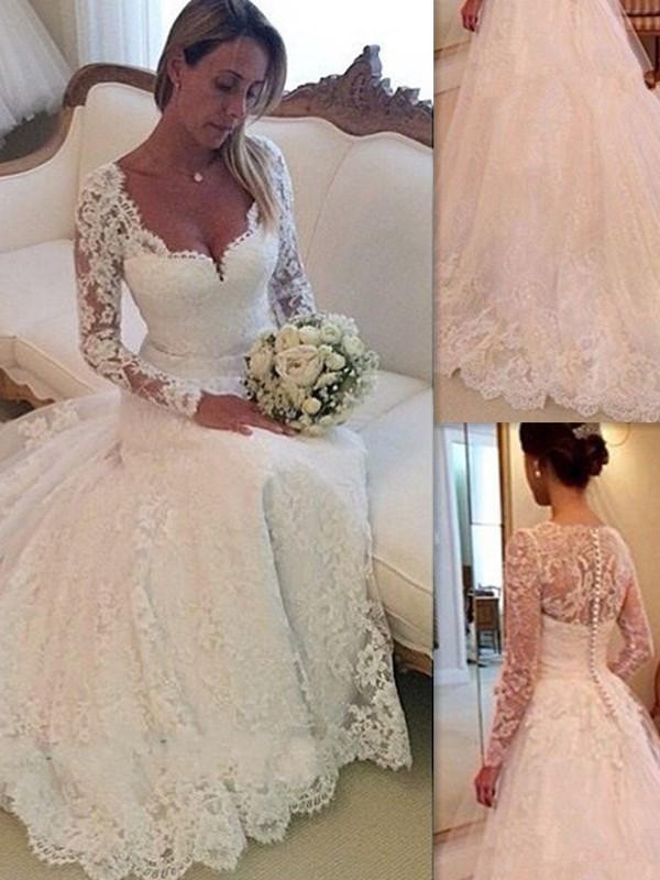 Ball Gown V-neck Long Sleeves Lace Court Train Tulle Wedding Dresses 1332