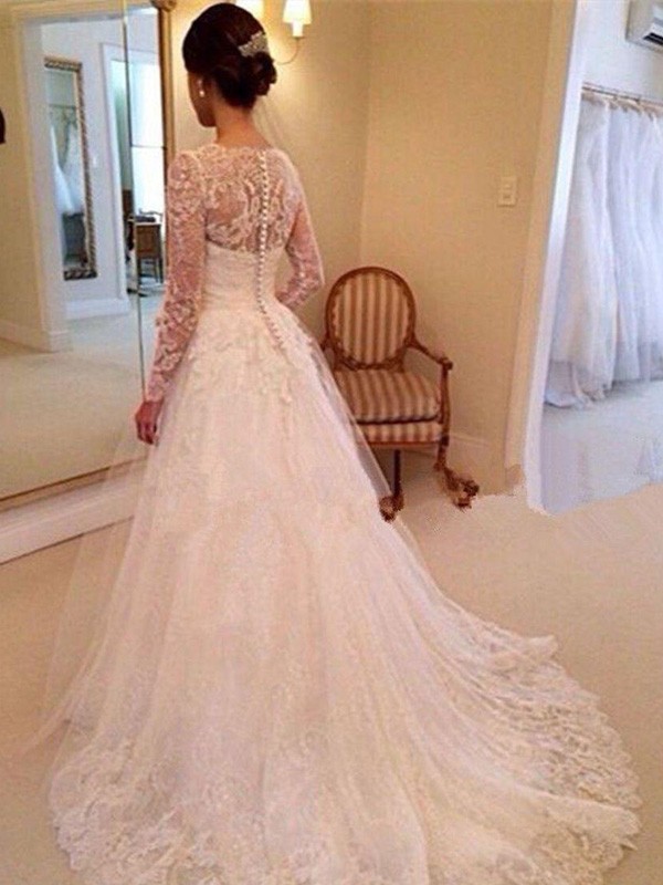 Ball Gown V-neck Long Sleeves Lace Court Train Tulle Wedding Dresses 1332