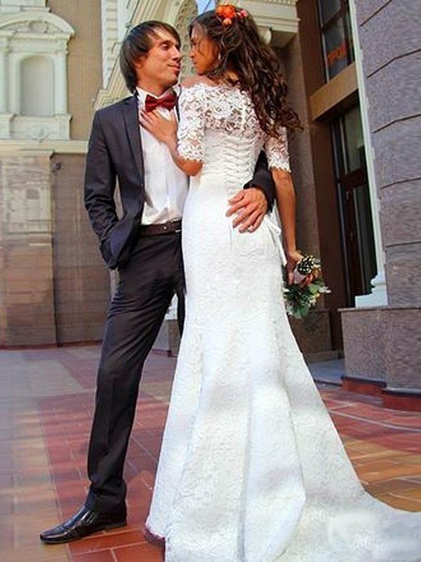 Trumpet/Mermaid Off-the-Shoulder 1/2 Sleeves Lace Court Train Wedding Dresses 1600