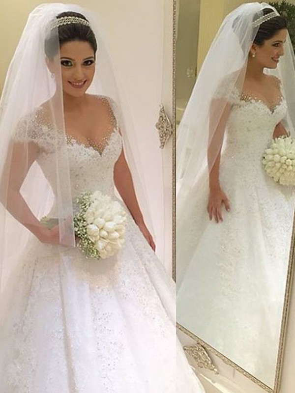 Ball Gown Sleeveless V-neck Beading Floor-Length Tulle Wedding Dresses 1260