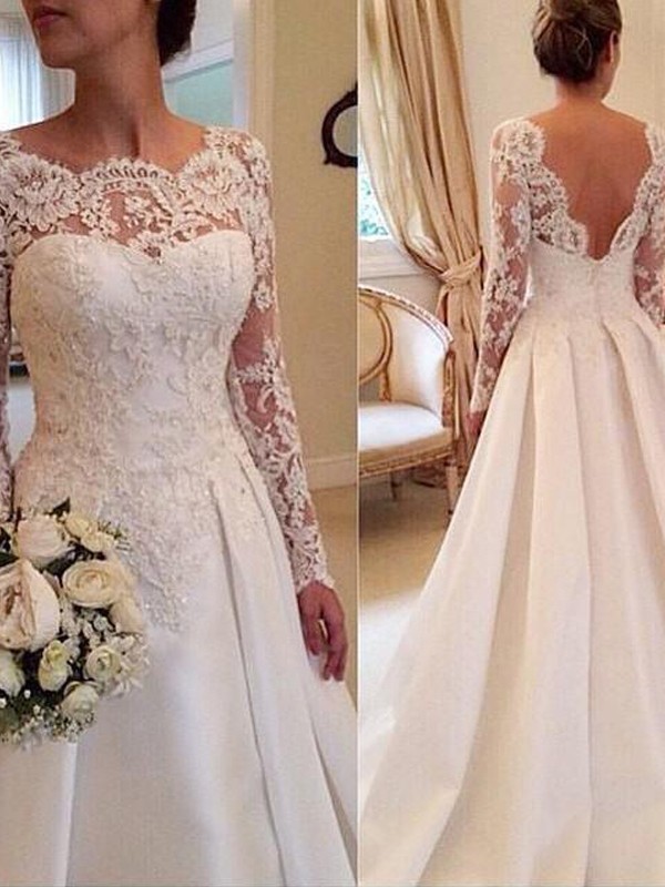 Ball Gown Scoop Long Sleeves Lace Court Train Satin Wedding Dresses 1238