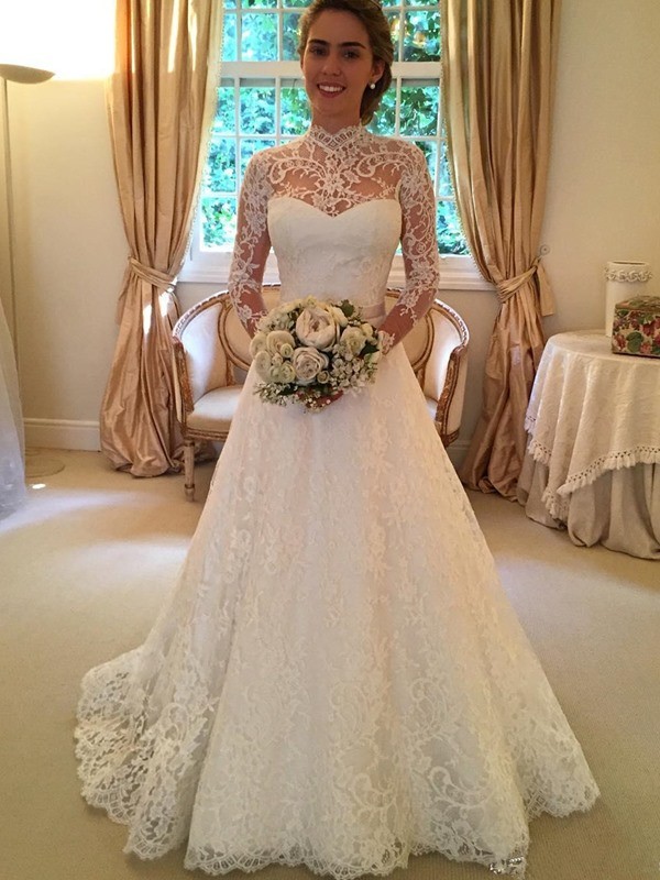 Ball Gown High Neck Long Sleeves Lace Court Train Wedding Dresses 1182