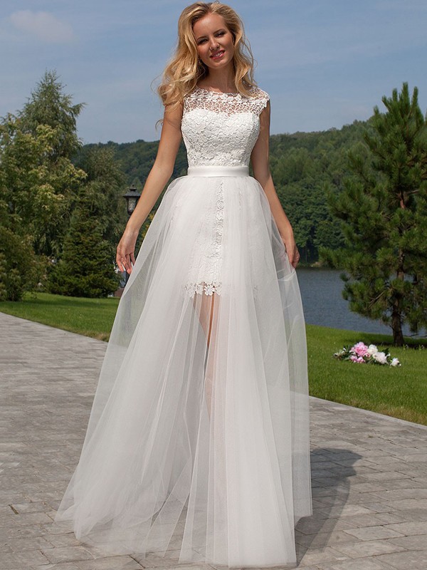 Sheath/Column Sleeveless Lace Scoop Floor-Length Tulle Wedding Dresses 1440