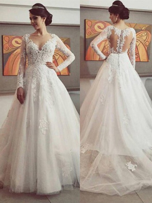 Ball Gown V-neck Long Sleeves Lace Court Train Tulle Wedding Dresses 1333