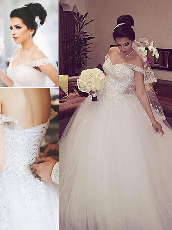 Ball Gown Off-the-Shoulder Sleeveless Lace Court Train Tulle Wedding Dresses 1213