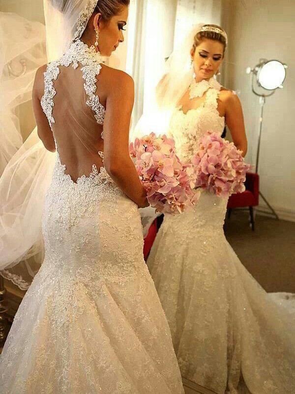 Trumpet/Mermaid High Neck Sleeveless Lace Court Train Wedding Dresses 1567