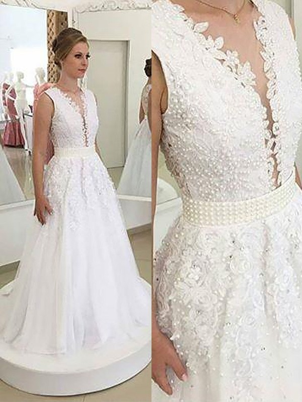 A-Line/Princess V-neck Applique Sleeveless Sweep/Brush Train Tulle Wedding Dresses 1125