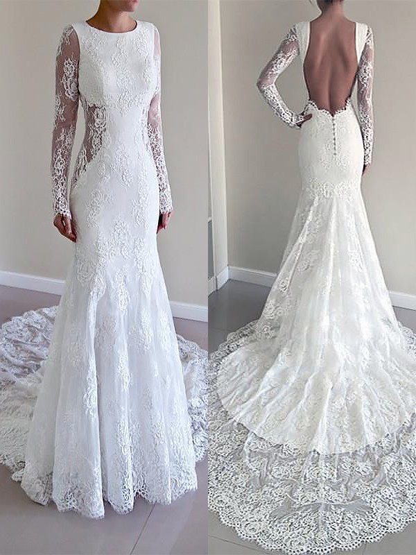 Trumpet/Mermaid Scoop Long Sleeves Court Train Lace Wedding Dresses 1628