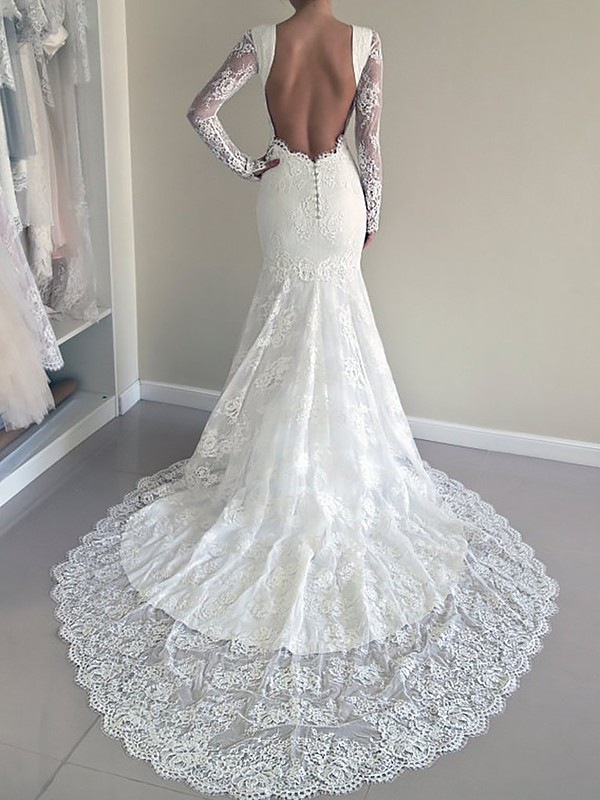 Trumpet/Mermaid Scoop Long Sleeves Court Train Lace Wedding Dresses 1628