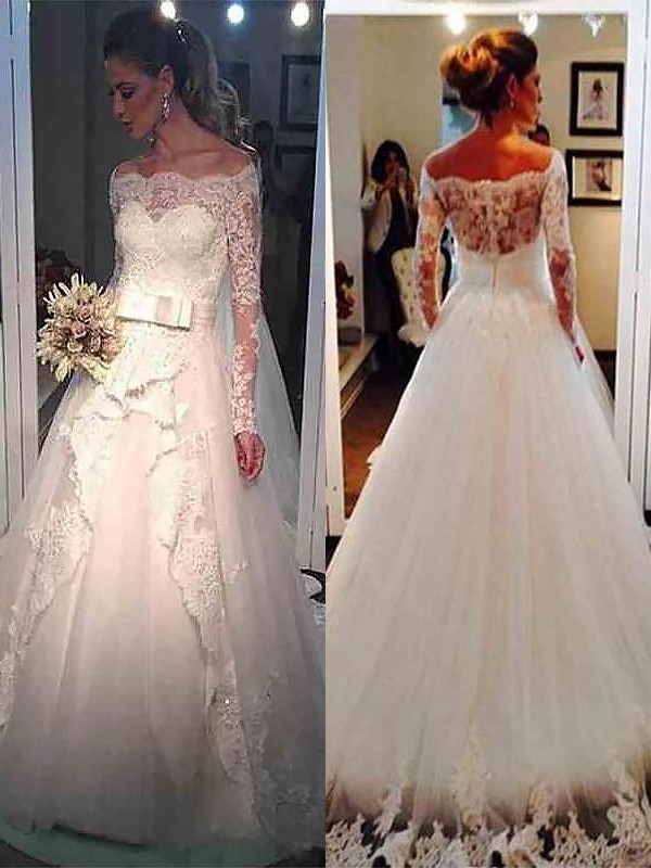 Ball Gown Tulle Long Sleeves Off-the-Shoulder Sweep/Brush Train Wedding Dresses 1306