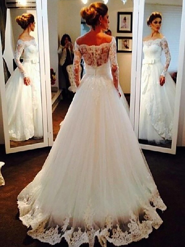 Ball Gown Tulle Long Sleeves Off-the-Shoulder Sweep/Brush Train Wedding Dresses 1306