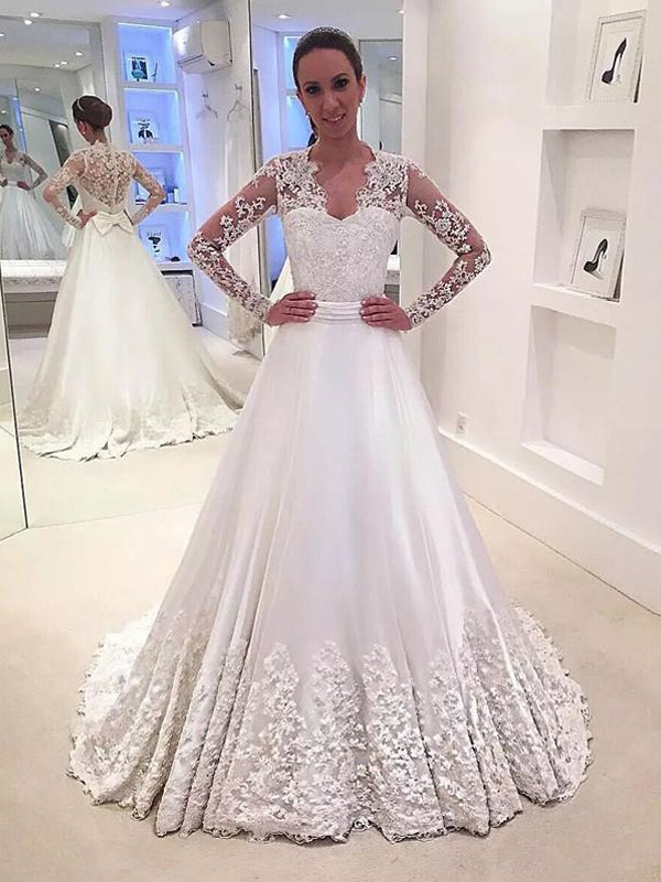 A-Line/Princess V-neck Satin Long Sleeves Sweep/Brush Train Wedding Dresses 1142