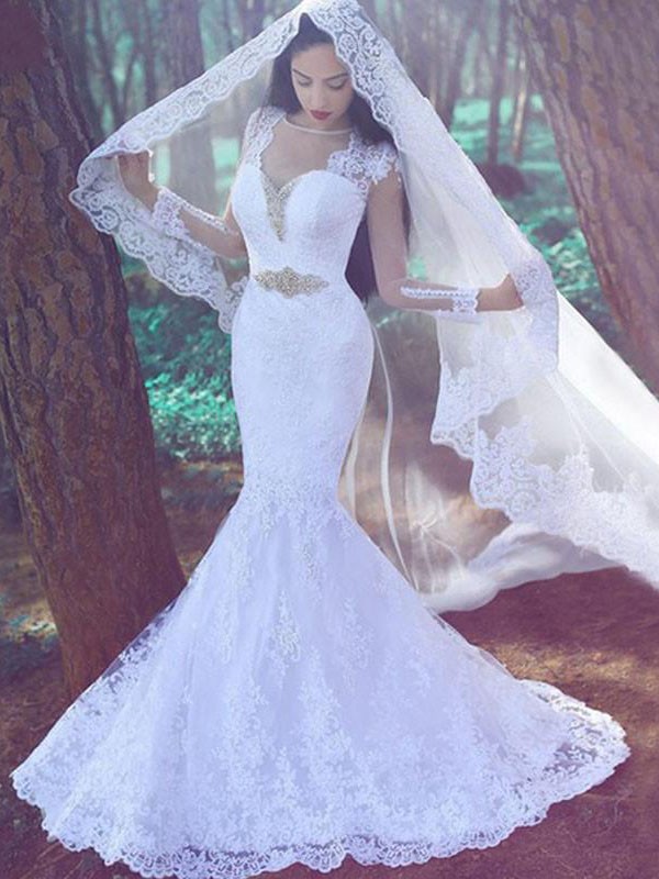 Trumpet/Mermaid Applique Sweetheart Long Sleeves Lace Court Train Wedding Dresses 1549