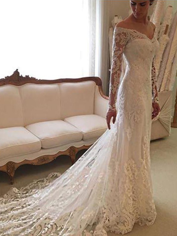 Sheath/Column Long Sleeves Lace Off-the-Shoulder Court Train Wedding Dresses 1404