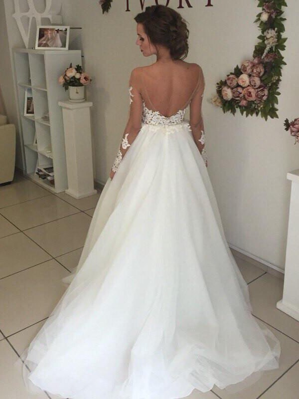 A-Line/Princess Tulle Off-the-Shoulder Sweep/Brush Train Long Sleeves Wedding Dresses 1081