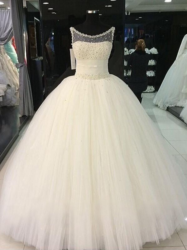 Ball Gown Scoop Beading Tulle Sleeveless Floor-Length Wedding Dresses 1234