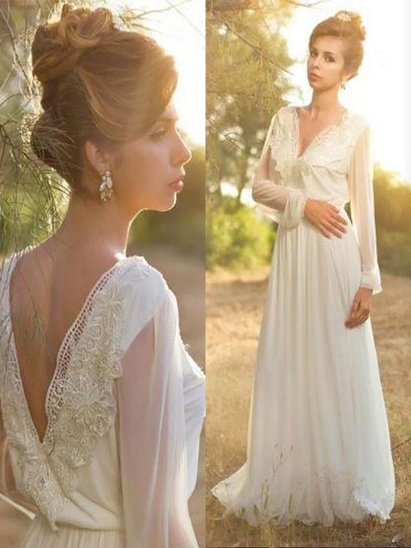 A-Line/Princess V-neck Long Sleeves Lace Chiffon Sweep/Brush Train Wedding Dresses 1136