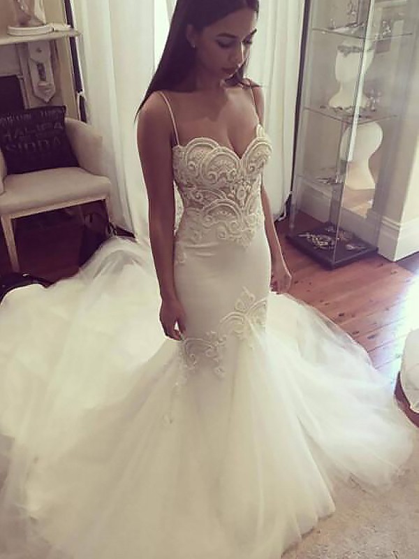 Trumpet/Mermaid Spaghetti Straps Sleeveless Chapel Train Tulle Wedding Dresses 1666