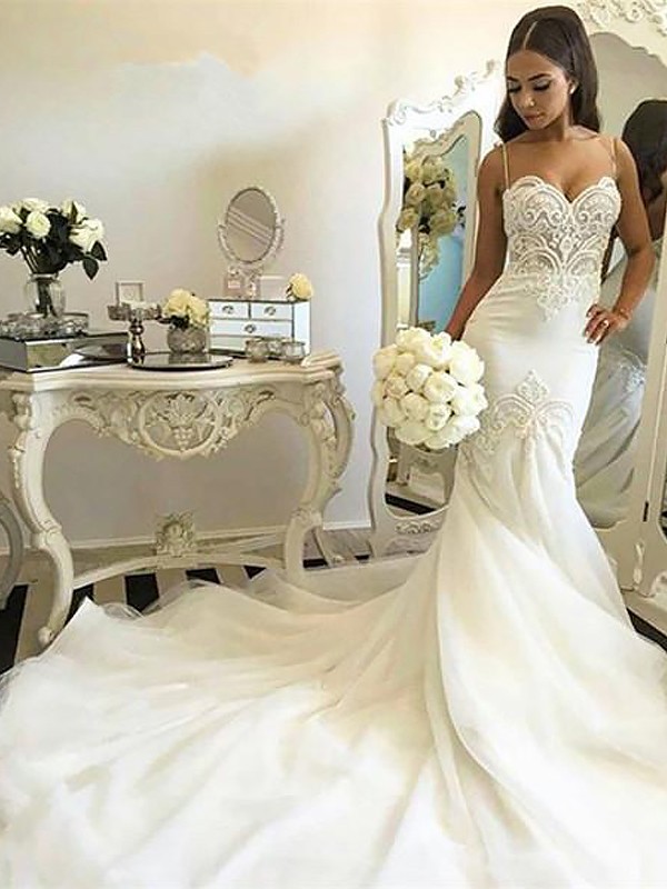 Trumpet/Mermaid Spaghetti Straps Sleeveless Chapel Train Tulle Wedding Dresses 1666