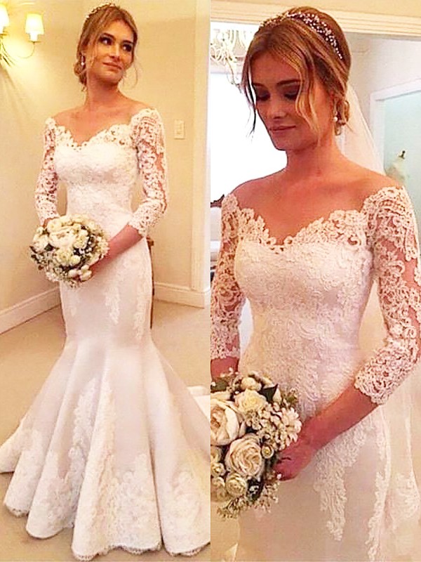 Trumpet/Mermaid 3/4 Sleeves Satin Off-the-Shoulder Lace Court Train Wedding Dresses 1545