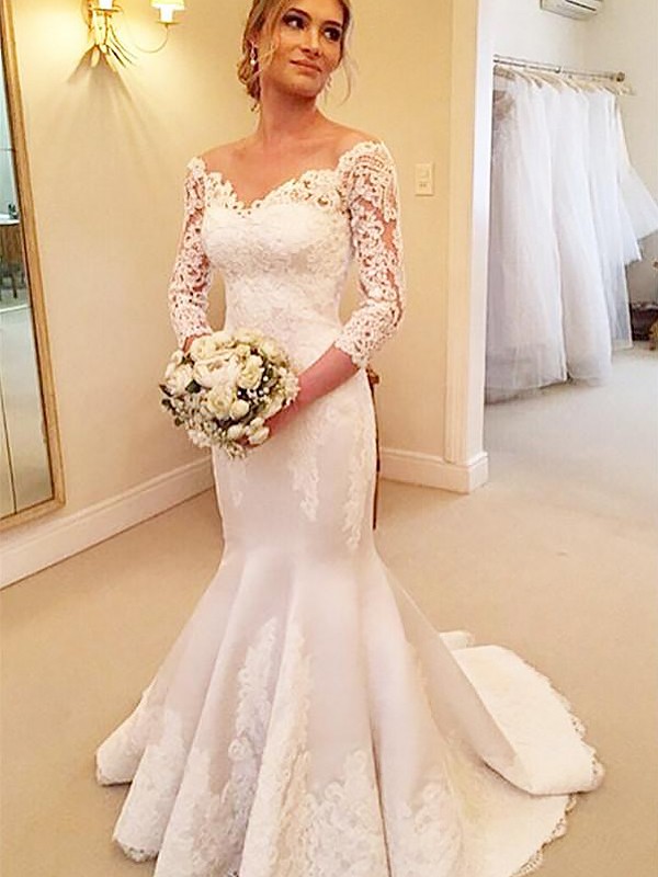 Trumpet/Mermaid 3/4 Sleeves Satin Off-the-Shoulder Lace Court Train Wedding Dresses 1545