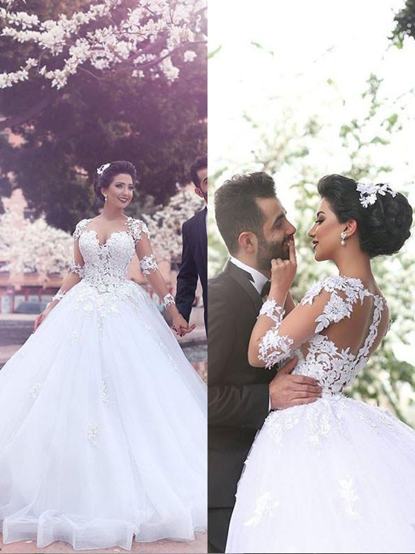 Ball Gown Court Train Sweetheart Long Sleeves Tulle Wedding Dresses 1180