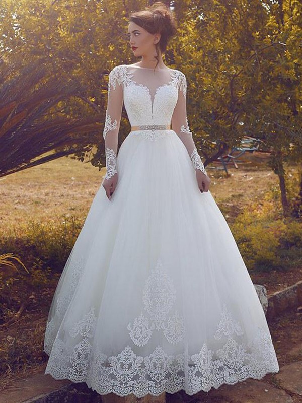 Ball Gown Bateau Tulle Long Sleeves Floor-Length Wedding Dresses 1176