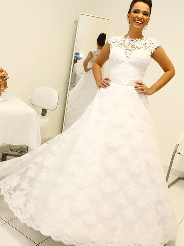 Ball Gown Scoop Lace Sleeveless Floor-Length Wedding Dresses 1236