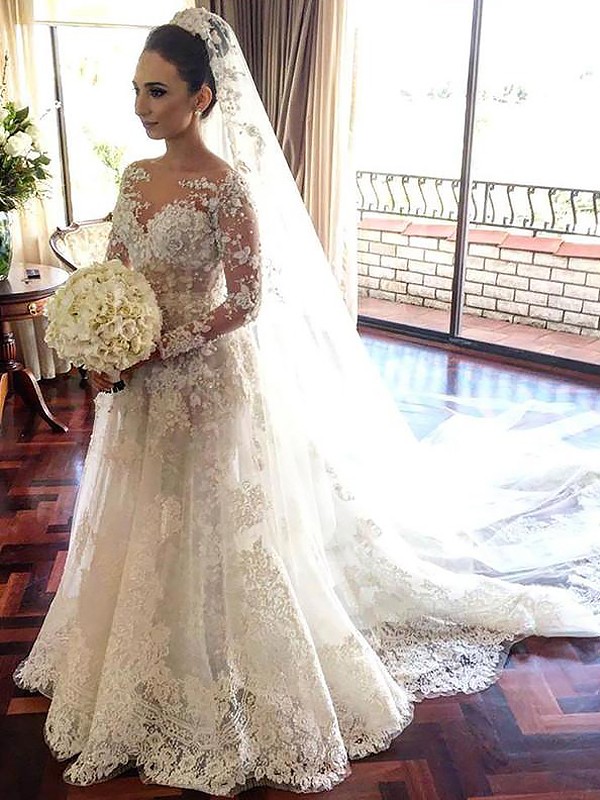 A-Line/Princess Bateau Long Sleeves Lace Chapel Train Tulle Wedding Dresses 620