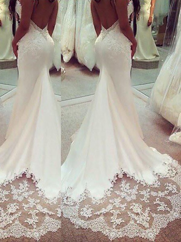 Trumpet/Mermaid Applique Silk Like Satin Spaghetti Straps Sleeveless Court Train Wedding Dresses 1547