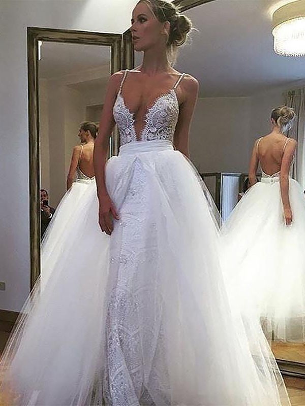 A-Line/Princess Tulle Lace Spaghetti Straps Sleeveless Floor-Length Wedding Dresses 1064