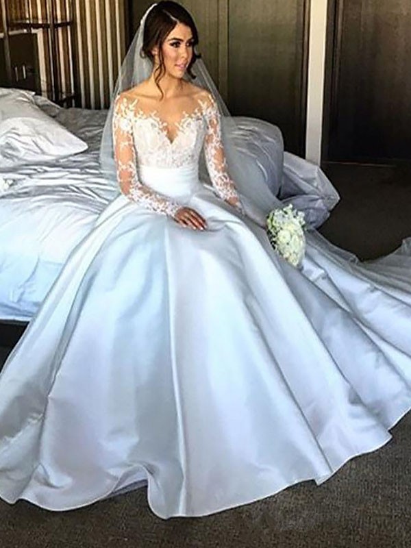 Ball Gown Long Sleeves Satin Court Train Wedding Dresses 1198