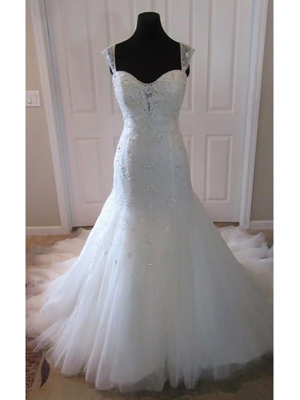 Trumpet/Mermaid Tulle Sleeveless Court Train Straps Wedding Dresses 1736