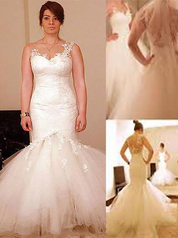 Trumpet/Mermaid Floor-Length Sleeveless Tulle Straps Wedding Dresses 1560