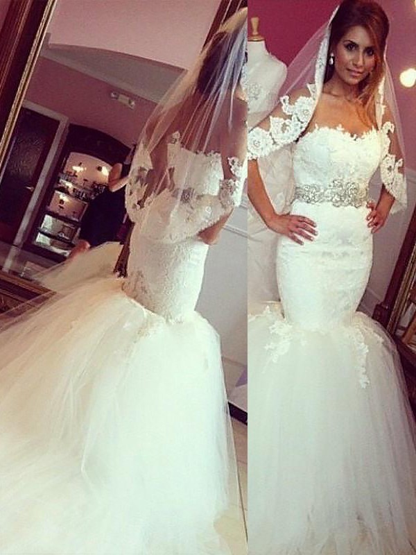 Trumpet/Mermaid Lace Tulle Sweetheart Sleeveless Court Train Wedding Dresses 1589