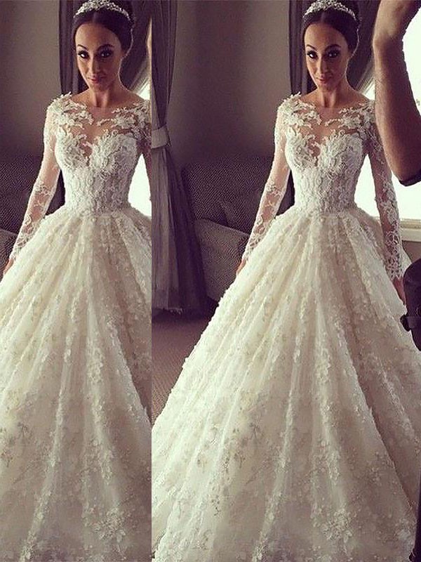 Ball Gown Long Sleeves Scoop Court Train Lace Wedding Dresses 1200