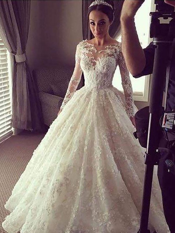 Ball Gown Long Sleeves Scoop Court Train Lace Wedding Dresses 1200