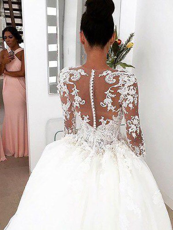 Ball Gown Long Sleeves Scoop Court Train Lace Wedding Dresses 1200