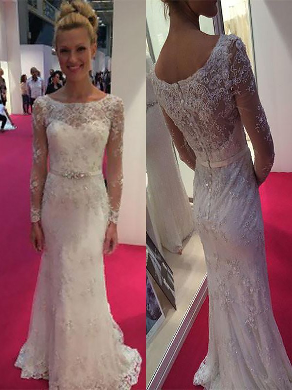 Sheath/Column Scoop Long Sleeves Lace Chiffon Sweep/Brush Train Wedding Dresses 1436