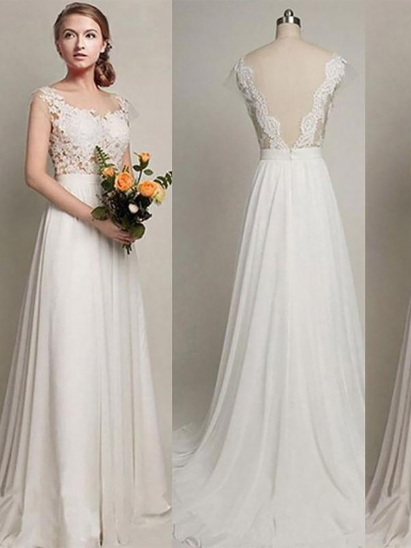 A-Line/Princess Chiffon Scoop Sleeveless Sweep/Brush Train Wedding Dresses 678