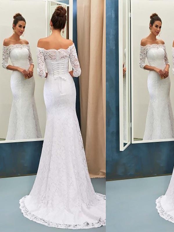 Trumpet/Mermaid Off-the-Shoulder Sweep/Brush Train Lace Long Sleeves Wedding Dresses 1611