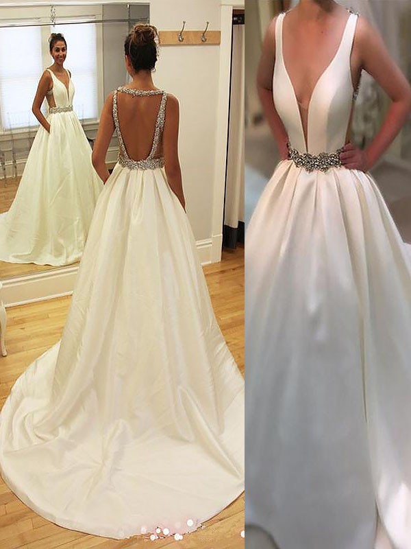 A-Line/Princess Court Train Satin V-neck Sleeveless Wedding Dresses 684